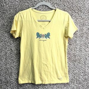 Life Is Good T-Shirt Women’s Small Yellow Classic Fit V-Neck Short Sleeve